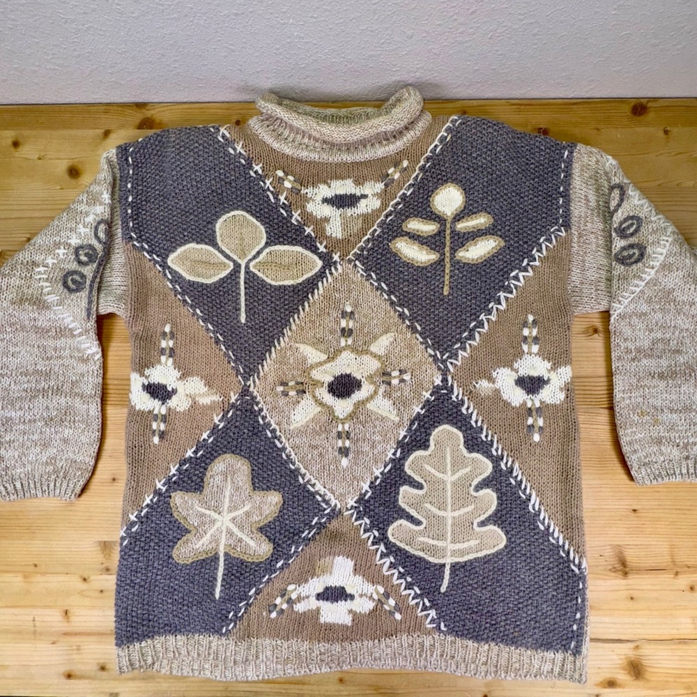 Vintage White Stag Leaf Knit Sweater Beige Tan‎ Gray Boho Cottagecore L